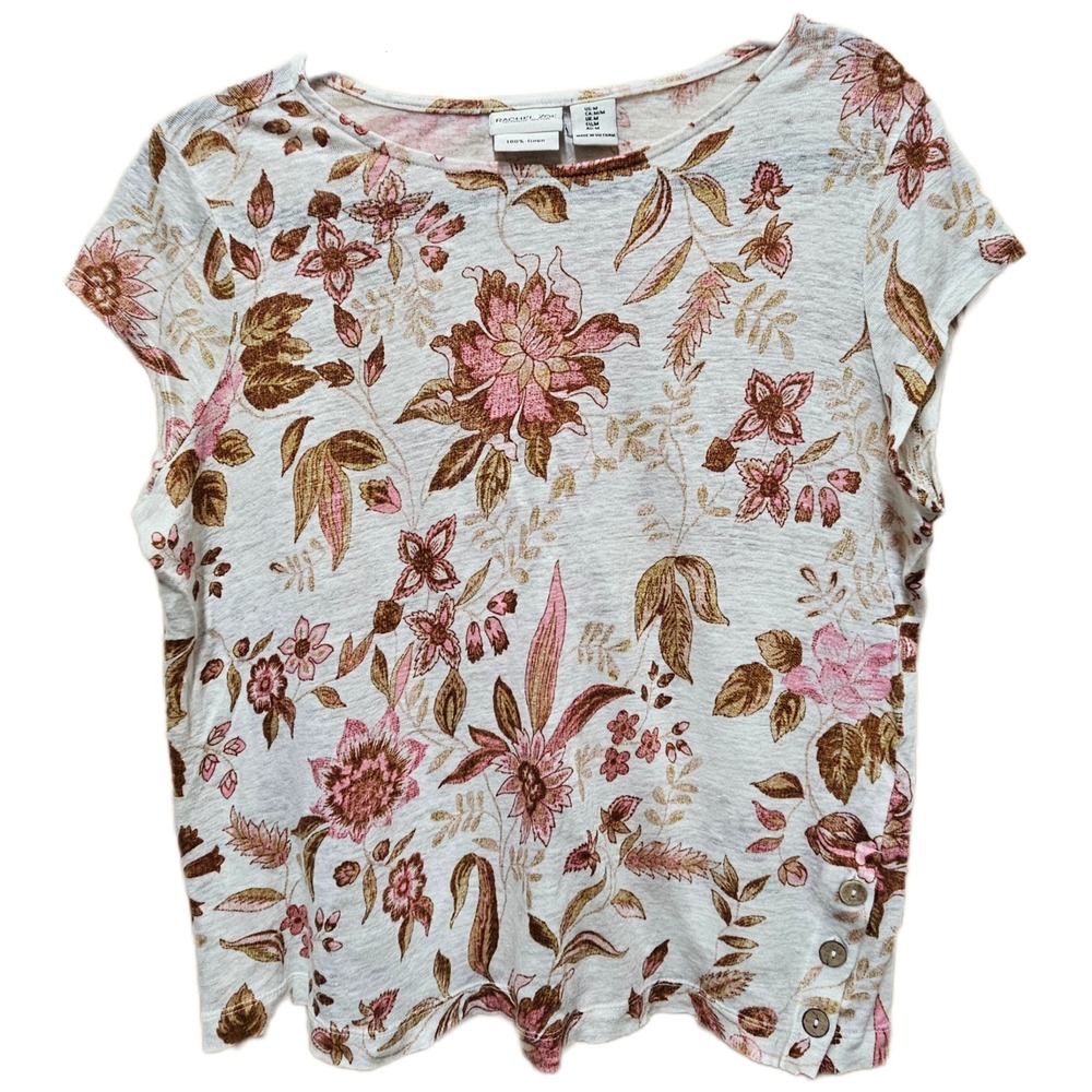 Rachel Zoe Short Sleeve Cream Pink Brown Floral Print Side Button Topโ Size M